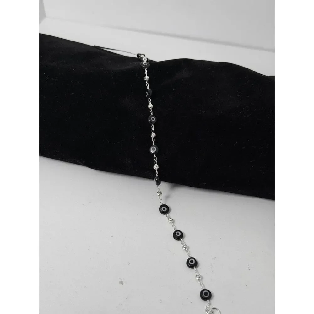 Sterling Silver Black Evil Eye Bead Bracelet Diamond Cut Beads Protection 9 Inch
